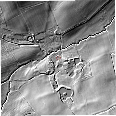 Shaded relief map of the ground around HR48ET, computed from Environment Agency LiDAR. The ground here sits at about 85 m above sea level and falls 19 m across the surrounding 800 m. Surface water reaching this point runs off ground lying to the south-south-east, 13.0 m higher.