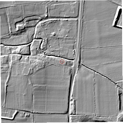 Shaded relief map of the ground around HR48FD, computed from Environment Agency LiDAR. The ground here sits at about 59 m above sea level and falls 9 m across the surrounding 800 m. Surface water reaching this point runs off ground lying to the north-west, 7.6 m higher.