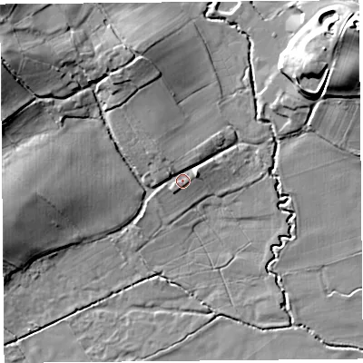 Shaded relief map of the ground around HR48JL, computed from Environment Agency LiDAR. The ground here sits at about 78 m above sea level and falls 17 m across the surrounding 800 m. Surface water reaching this point runs off ground lying to the north-west, 2.8 m higher.