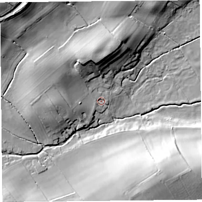 Shaded relief map of the ground around HR48JW, computed from Environment Agency LiDAR. The ground here sits at about 80 m above sea level and falls 25 m across the surrounding 800 m. Surface water reaching this point runs off ground lying to the west-north-west, 9.4 m higher.