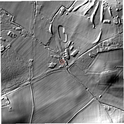Shaded relief map of the ground around HR48LA, computed from Environment Agency LiDAR. The ground here sits at about 76 m above sea level and falls 22 m across the surrounding 800 m. Surface water reaching this point runs off ground lying to the north-north-east, 14.5 m higher.