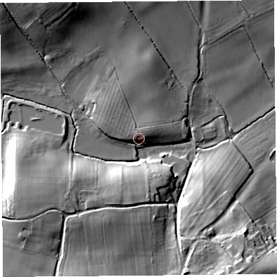 Shaded relief map of the ground around HR48LQ, computed from Environment Agency LiDAR. The ground here sits at about 87 m above sea level and falls 22 m across the surrounding 800 m. Surface water reaching this point runs off ground lying to the west-north-west, 5.1 m higher.