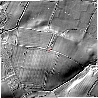 Shaded relief map of the ground around HR48NX, computed from Environment Agency LiDAR. The ground here sits at about 79 m above sea level and falls 18 m across the surrounding 800 m. Surface water reaching this point runs off ground lying to the south-south-west, 4.0 m higher.