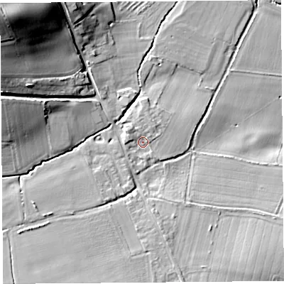 Shaded relief map of the ground around HR48NY, computed from Environment Agency LiDAR. The ground here sits at about 79 m above sea level and falls 33 m across the surrounding 800 m. Surface water reaching this point runs off ground lying to the north-west, 2.4 m higher.