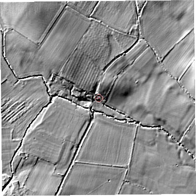 Shaded relief map of the ground around HR48PA, computed from Environment Agency LiDAR. The ground here sits at about 75 m above sea level and falls 15 m across the surrounding 800 m. Surface water reaching this point runs off ground lying to the north-north-west, 5.1 m higher.