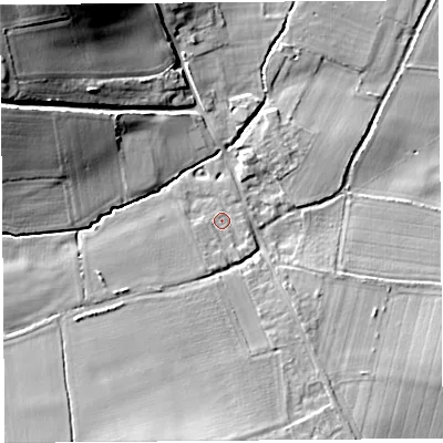 Shaded relief map of the ground around HR48QA, computed from Environment Agency LiDAR. The ground here sits at about 80 m above sea level and falls 28 m across the surrounding 800 m. Surface water reaching this point runs off ground lying to the south-south-west, 1.4 m higher.