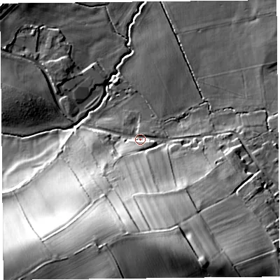 Shaded relief map of the ground around HR48QS, computed from Environment Agency LiDAR. The ground here sits at about 91 m above sea level and falls 39 m across the surrounding 800 m. Surface water reaching this point runs off ground lying to the south-south-east, 33.3 m higher.