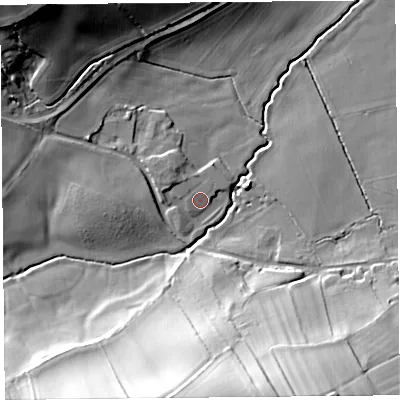 Shaded relief map of the ground around HR48QU, computed from Environment Agency LiDAR. The ground here sits at about 89 m above sea level and falls 35 m across the surrounding 800 m. Surface water reaching this point runs off ground lying to the west, 5.1 m higher.