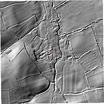 Shaded relief map of the ground around HR48RP, computed from Environment Agency LiDAR. The ground here sits at about 99 m above sea level and falls 15 m across the surrounding 800 m. Surface water reaching this point runs off ground lying to the west-south-west, 8.8 m higher.