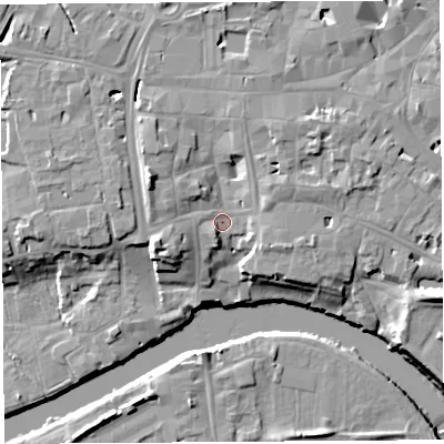 Shaded relief map of the ground around HR49BW, computed from Environment Agency LiDAR. The ground here sits at about 54 m above sea level and falls 14 m across the surrounding 800 m. Surface water reaching this point runs off ground lying to the west-north-west, 6.8 m higher.