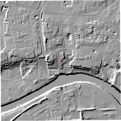 Shaded relief map of the ground around HR49DF, computed from Environment Agency LiDAR. The ground here sits at about 55 m above sea level and falls 13 m across the surrounding 800 m. Surface water reaching this point runs off ground lying to the west-north-west, 4.7 m higher.