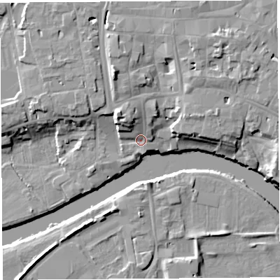 Shaded relief map of the ground around HR49DG, computed from Environment Agency LiDAR. The ground here sits at about 52 m above sea level and falls 13 m across the surrounding 800 m. Surface water reaching this point runs off ground lying to the north-west, 7.0 m higher.