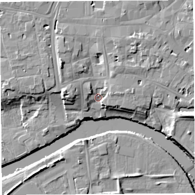 Shaded relief map of the ground around HR49DP, computed from Environment Agency LiDAR. The ground here sits at about 52 m above sea level and falls 14 m across the surrounding 800 m. Surface water reaching this point runs off ground lying to the north-west, 8.4 m higher.