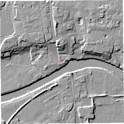 Shaded relief map of the ground around HR49DW, computed from Environment Agency LiDAR. The ground here sits at about 51 m above sea level and falls 13 m across the surrounding 800 m. Surface water reaching this point runs off ground lying to the east-north-east, 1.5 m higher.