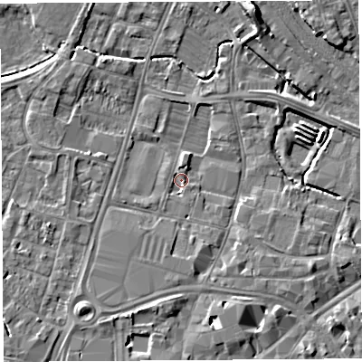 Shaded relief map of the ground around HR49EB, computed from Environment Agency LiDAR. The ground here sits at about 54 m above sea level and falls 9 m across the surrounding 800 m. Surface water reaching this point runs off ground lying to the south-south-west, 2.5 m higher.