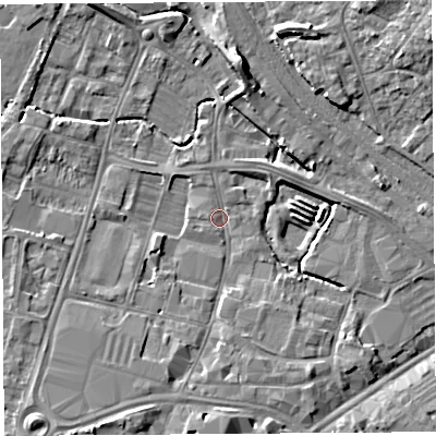 Shaded relief map of the ground around HR49EZ, computed from Environment Agency LiDAR. The ground here sits at about 53 m above sea level and falls 11 m across the surrounding 800 m. Surface water reaching this point runs off ground lying to the west, 1.4 m higher.