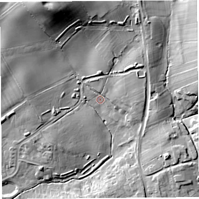 Shaded relief map of the ground around HR49FJ, computed from Environment Agency LiDAR. The ground here sits at about 74 m above sea level and falls 40 m across the surrounding 800 m. Surface water reaching this point runs off ground lying to the north-east, 9.6 m higher.