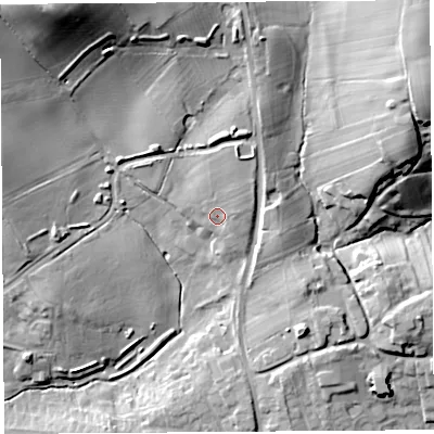 Shaded relief map of the ground around HR49FL, computed from Environment Agency LiDAR. The ground here sits at about 77 m above sea level and falls 38 m across the surrounding 800 m. Surface water reaching this point runs off ground lying to the north-east, 4.7 m higher.