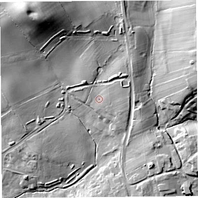 Shaded relief map of the ground around HR49FN, computed from Environment Agency LiDAR. The ground here sits at about 77 m above sea level and falls 39 m across the surrounding 800 m. Surface water reaching this point runs off ground lying to the east-north-east, 6.7 m higher.