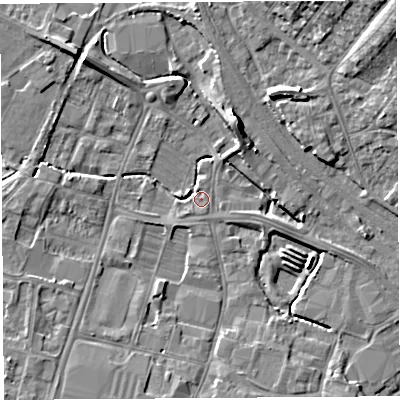Shaded relief map of the ground around HR49HE, computed from Environment Agency LiDAR. The ground here sits at about 54 m above sea level and falls 13 m across the surrounding 800 m. Surface water reaching this point runs off ground lying to the north-north-east, 8.0 m higher.