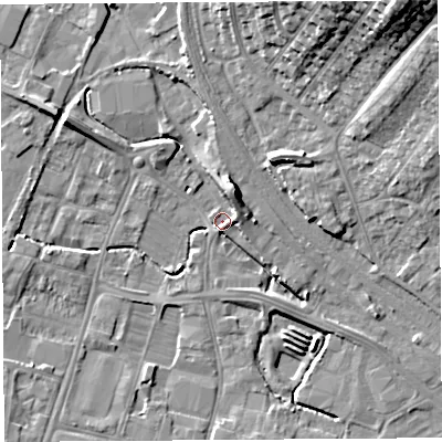 Shaded relief map of the ground around HR49HF, computed from Environment Agency LiDAR. The ground here sits at about 53 m above sea level and falls 22 m across the surrounding 800 m. Surface water reaching this point runs off ground lying to the north-north-east, 7.9 m higher.