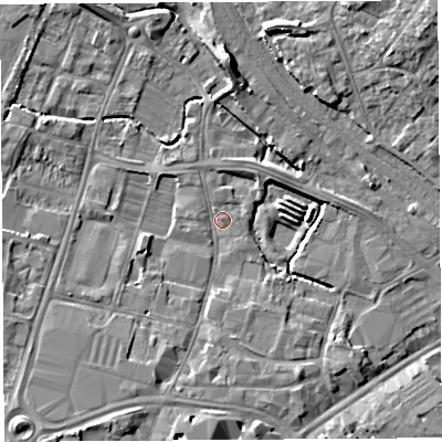 Shaded relief map of the ground around HR49HN, computed from Environment Agency LiDAR. The ground here sits at about 53 m above sea level and falls 11 m across the surrounding 800 m. Surface water reaching this point runs off ground lying to the west-south-west, 2.7 m higher.