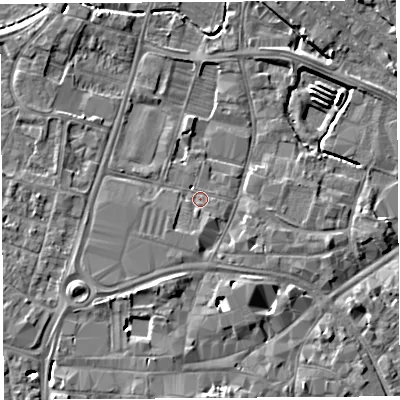 Shaded relief map of the ground around HR49HS, computed from Environment Agency LiDAR. The ground here sits at about 55 m above sea level and falls 7 m across the surrounding 800 m. Surface water reaching this point runs off ground lying to the south, 1.5 m higher.