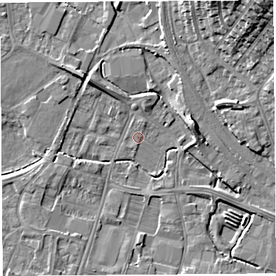 Shaded relief map of the ground around HR49JH, computed from Environment Agency LiDAR. The ground here sits at about 54 m above sea level and falls 19 m across the surrounding 800 m. Surface water reaching this point runs off ground lying to the north-west, 7.1 m higher.