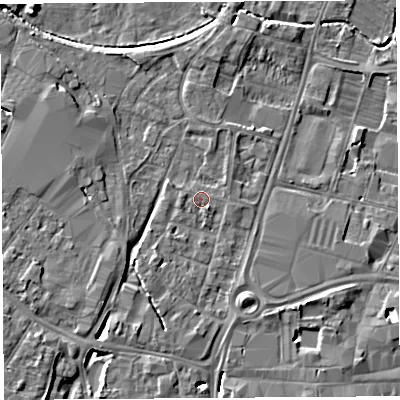 Shaded relief map of the ground around HR49JJ, computed from Environment Agency LiDAR. The ground here sits at about 56 m above sea level and falls 5 m across the surrounding 800 m. Surface water reaching this point runs off ground lying to the south-east, 1.1 m higher.