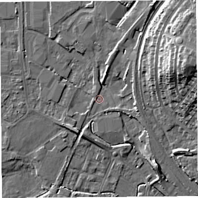 Shaded relief map of the ground around HR49JQ, computed from Environment Agency LiDAR. The ground here sits at about 55 m above sea level and falls 21 m across the surrounding 800 m. Surface water reaching this point runs off ground lying to the north-north-east, 8.1 m higher.
