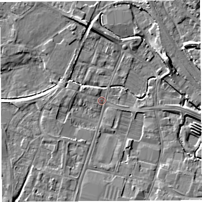 Shaded relief map of the ground around HR49JR, computed from Environment Agency LiDAR. The ground here sits at about 54 m above sea level and falls 10 m across the surrounding 800 m. Surface water reaching this point runs off ground lying to the west, 3.0 m higher.