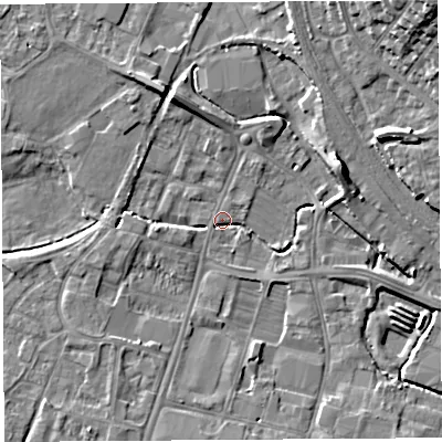 Shaded relief map of the ground around HR49JS, computed from Environment Agency LiDAR. The ground here sits at about 54 m above sea level and falls 15 m across the surrounding 800 m. Surface water reaching this point runs off ground lying to the west-south-west, 3.9 m higher.