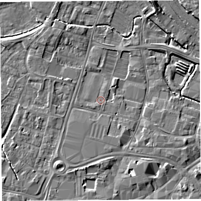 Shaded relief map of the ground around HR49JU, computed from Environment Agency LiDAR. The ground here sits at about 54 m above sea level and falls 9 m across the surrounding 800 m. Surface water reaching this point runs off ground lying to the south-south-west, 2.4 m higher.