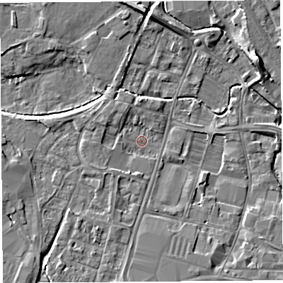 Shaded relief map of the ground around HR49LA, computed from Environment Agency LiDAR. The ground here sits at about 54 m above sea level and falls 9 m across the surrounding 800 m. Surface water reaching this point runs off ground lying to the west, 3.5 m higher.