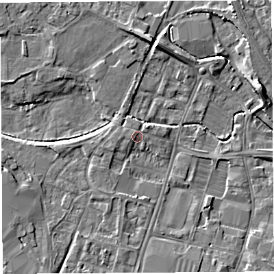 Shaded relief map of the ground around HR49LB, computed from Environment Agency LiDAR. The ground here sits at about 55 m above sea level and falls 8 m across the surrounding 800 m. Surface water reaching this point runs off ground lying to the west-north-west, 1.1 m higher.