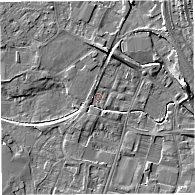 Shaded relief map of the ground around HR49LD, computed from Environment Agency LiDAR. The ground here sits at about 54 m above sea level and falls 11 m across the surrounding 800 m. Surface water reaching this point runs off ground lying to the south-south-west, 2.5 m higher.