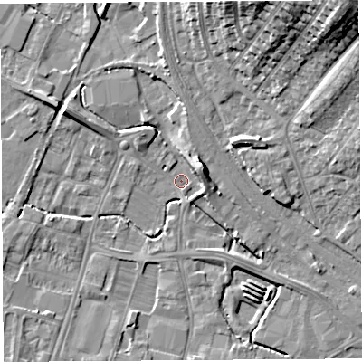 Shaded relief map of the ground around HR49LE, computed from Environment Agency LiDAR. The ground here sits at about 53 m above sea level and falls 23 m across the surrounding 800 m. Surface water reaching this point runs off ground lying to the east-north-east, 7.9 m higher.