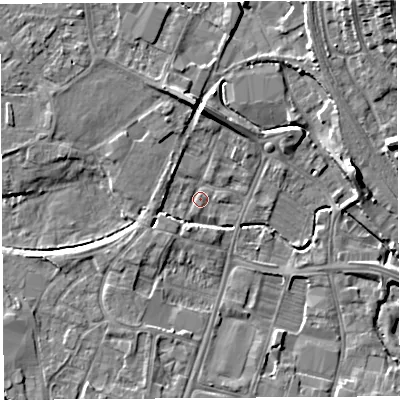 Shaded relief map of the ground around HR49LF, computed from Environment Agency LiDAR. The ground here sits at about 54 m above sea level and falls 14 m across the surrounding 800 m. Surface water reaching this point runs off ground lying to the north, 7.1 m higher.
