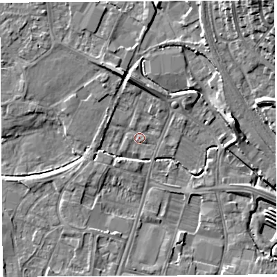Shaded relief map of the ground around HR49LG, computed from Environment Agency LiDAR. The ground here sits at about 54 m above sea level and falls 17 m across the surrounding 800 m. Surface water reaching this point runs off ground lying to the north, 7.1 m higher.