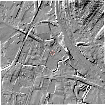 Shaded relief map of the ground around HR49LH, computed from Environment Agency LiDAR. The ground here sits at about 54 m above sea level and falls 23 m across the surrounding 800 m. Surface water reaching this point runs off ground lying to the north-west, 7.1 m higher.