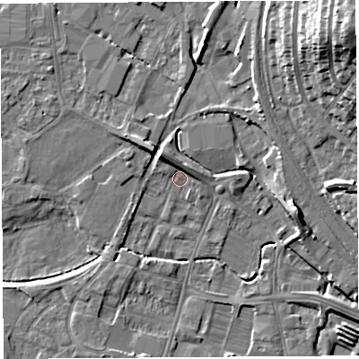 Shaded relief map of the ground around HR49LJ, computed from Environment Agency LiDAR. The ground here sits at about 54 m above sea level and falls 22 m across the surrounding 800 m. Surface water reaching this point runs off ground lying to the north-north-east, 3.0 m higher.