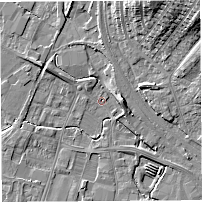 Shaded relief map of the ground around HR49LL, computed from Environment Agency LiDAR. The ground here sits at about 53 m above sea level and falls 24 m across the surrounding 800 m. Surface water reaching this point runs off ground lying to the west-north-west, 7.1 m higher.
