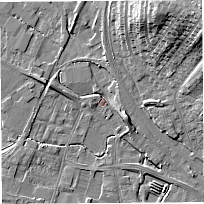 Shaded relief map of the ground around HR49LN, computed from Environment Agency LiDAR. The ground here sits at about 55 m above sea level and falls 25 m across the surrounding 800 m. Surface water reaching this point runs off ground lying to the west-north-west, 6.3 m higher.