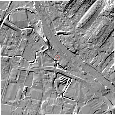 Shaded relief map of the ground around HR49LR, computed from Environment Agency LiDAR. The ground here sits at about 55 m above sea level and falls 22 m across the surrounding 800 m. Surface water reaching this point runs off ground lying to the north-north-west, 2.5 m higher.