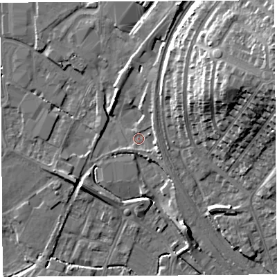 Shaded relief map of the ground around HR49LW, computed from Environment Agency LiDAR. The ground here sits at about 55 m above sea level and falls 22 m across the surrounding 800 m. Surface water reaching this point runs off ground lying to the north-east, 3.2 m higher.