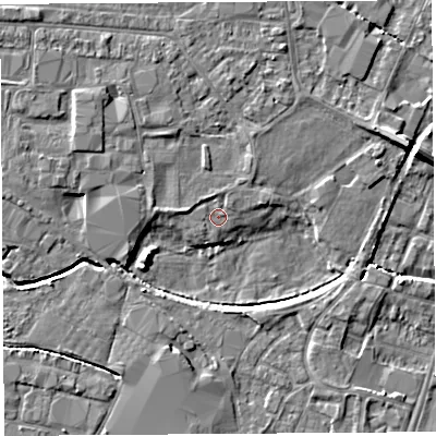 Shaded relief map of the ground around HR49NA, computed from Environment Agency LiDAR. The ground here sits at about 55 m above sea level and falls 7 m across the surrounding 800 m. Surface water reaching this point runs off ground lying to the west, 1.3 m higher.