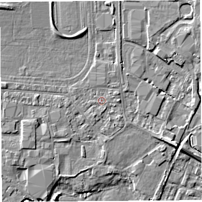 Shaded relief map of the ground around HR49NB, computed from Environment Agency LiDAR. The ground here sits at about 56 m above sea level and falls 6 m across the surrounding 800 m. Surface water reaching this point runs off ground lying to the north-west, 3.8 m higher.