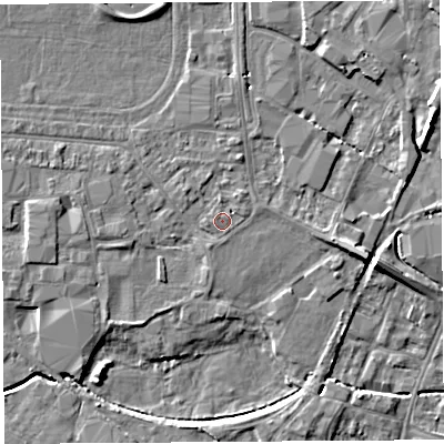 Shaded relief map of the ground around HR49ND, computed from Environment Agency LiDAR. The ground here sits at about 56 m above sea level and falls 7 m across the surrounding 800 m. Surface water reaching this point runs off ground lying to the west, 2.2 m higher.