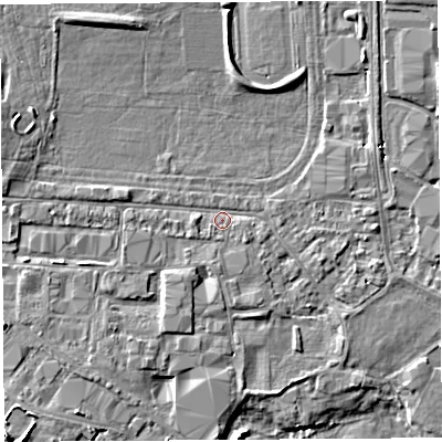 Shaded relief map of the ground around HR49NE, computed from Environment Agency LiDAR. The ground here sits at about 56 m above sea level and falls 6 m across the surrounding 800 m. Surface water reaching this point runs off ground lying to the west, 2.5 m higher.