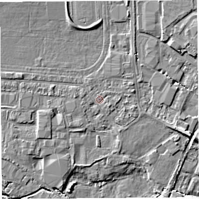 Shaded relief map of the ground around HR49NF, computed from Environment Agency LiDAR. The ground here sits at about 56 m above sea level and falls 7 m across the surrounding 800 m. Surface water reaching this point runs off ground lying to the west-north-west, 1.9 m higher.